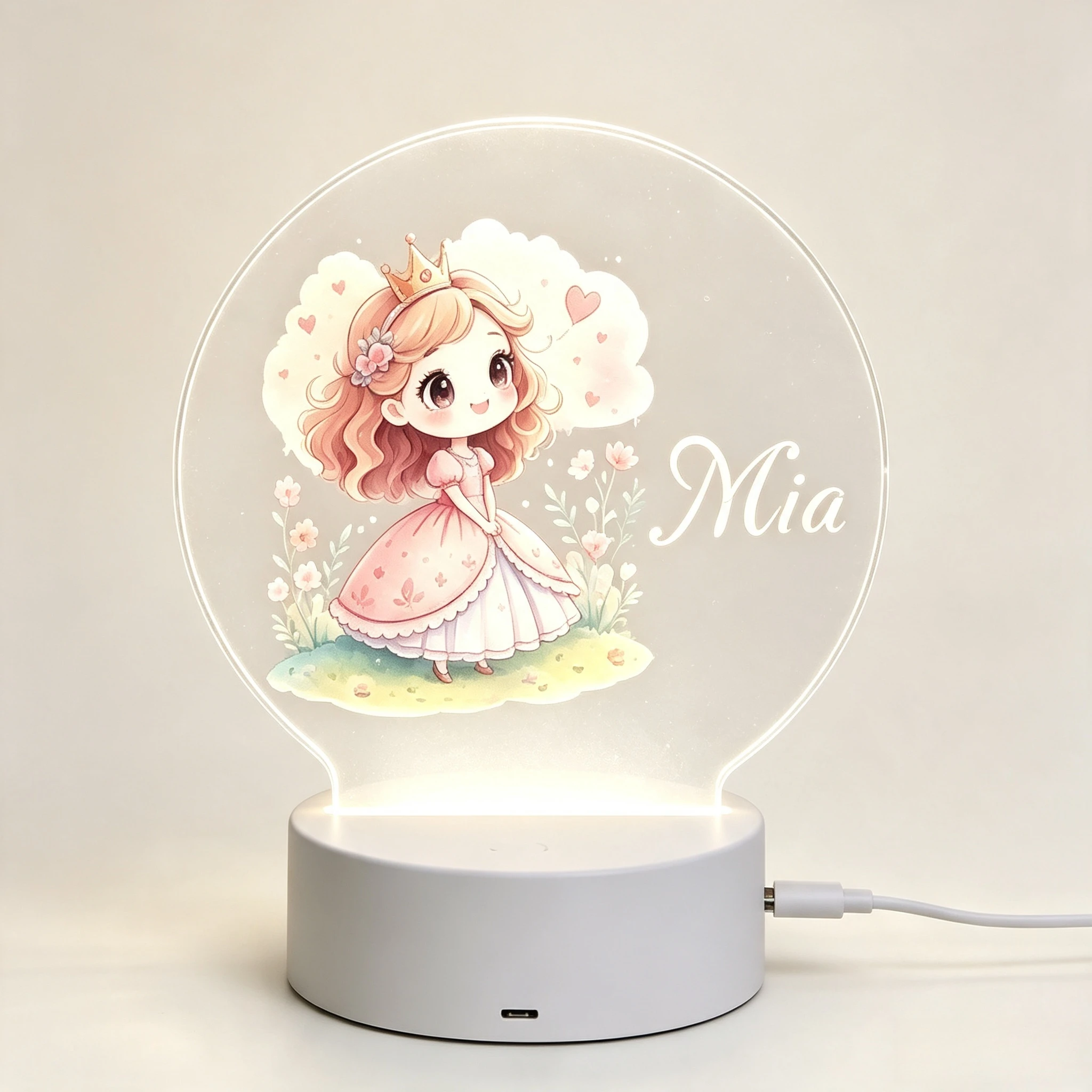 Baby Nursery Night Light - Cute Crown Little Princess Floral Round