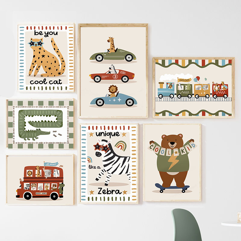 Baby Nursery Art - Funny Cartoon Animals Car Bus Nursery