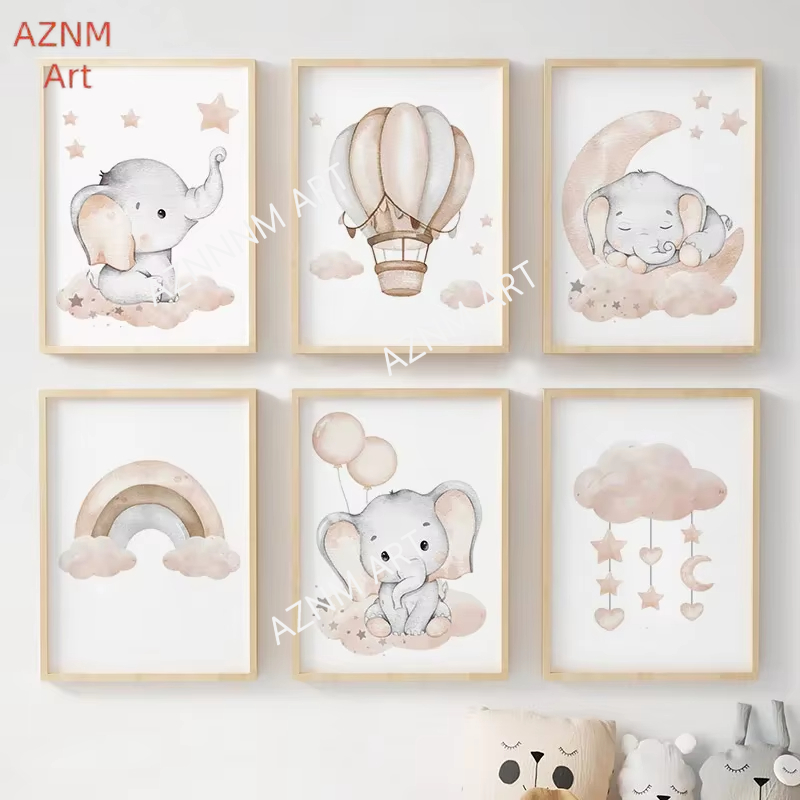 Baby Nursery Elephant - Elephant Balloon Rainbow Moon Stars Cloud