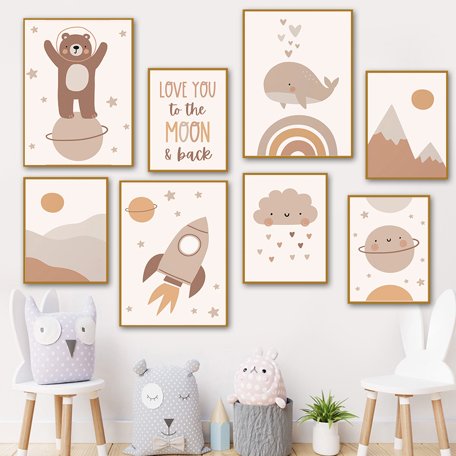 Baby Nursery Art - Boho Bear Whale Rocket Planet Sun
