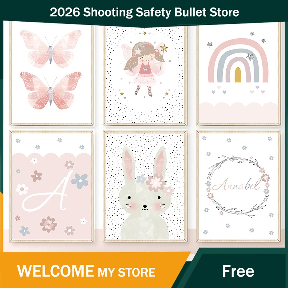 Baby Nursery Art - Cute Girl Rabbit Flower Butterfly Rainbow
