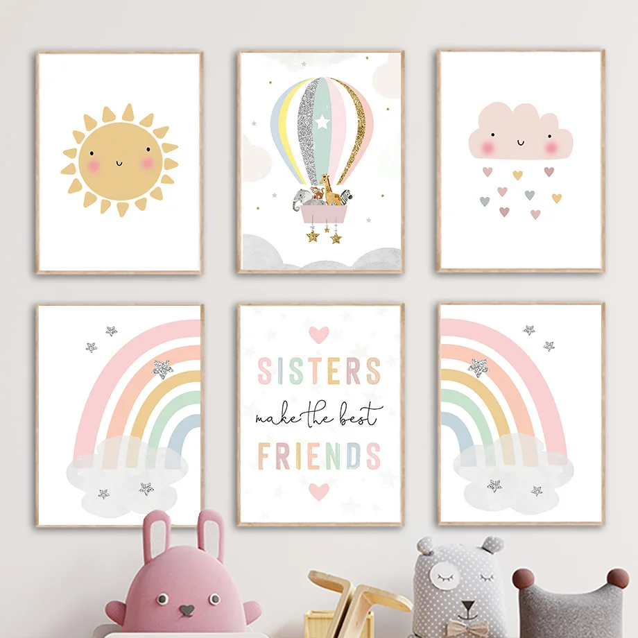 Baby Nursery Elephant - Giraffe Elephant Hot Balloon Sun Rainbow