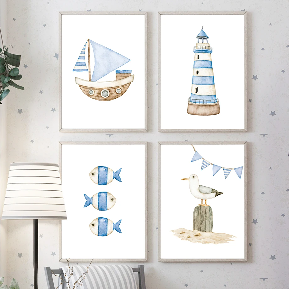 Baby Nursery Art - Sailboat Lighthouse Fish Nautical Nursery Posters