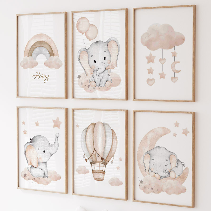Baby Nursery Elephant - Cute Elephant Hot Balloon Moon Rainbow