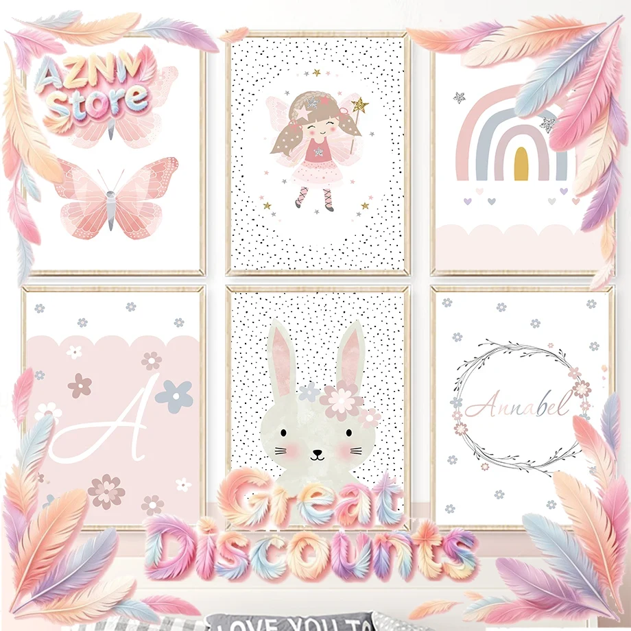 Baby Nursery Art - Cute Girl Rabbit Flower Butterfly Rainbow