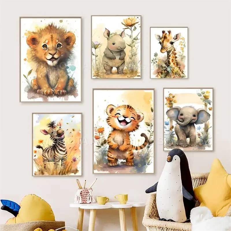 Baby Nursery Elephant - Watercolor Lion Giraffe Tiger Elephant Zebra
