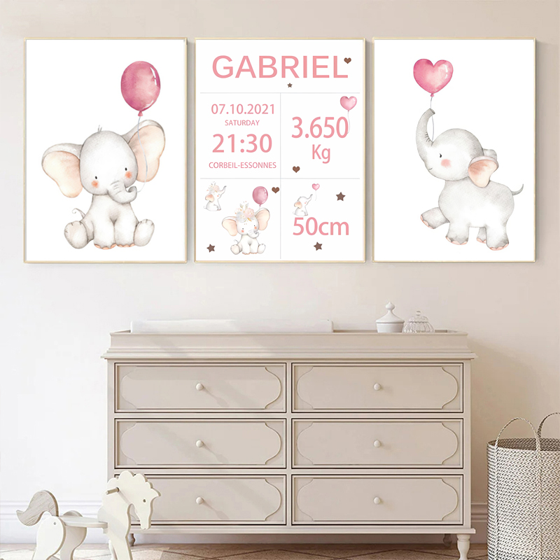 Baby Nursery Elephant - Pink Baby Customized Name Date of