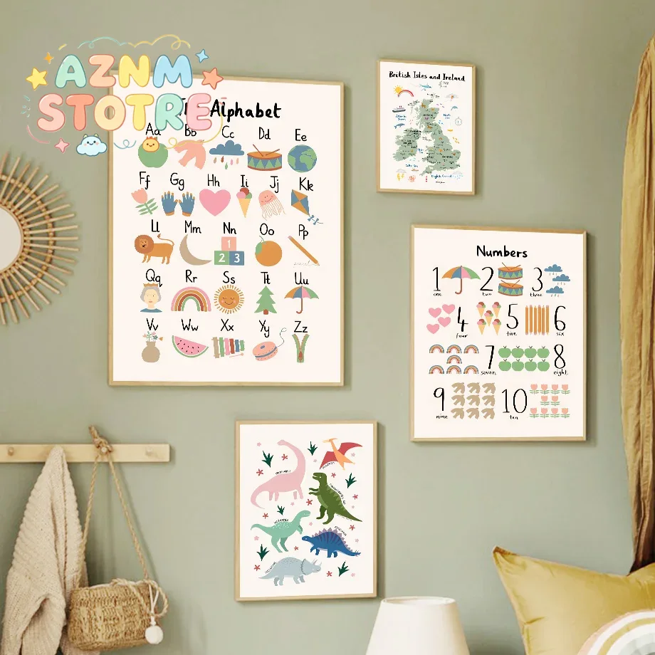 Baby Nursery Art - Animal World Map Dinosaur Alphabet Number