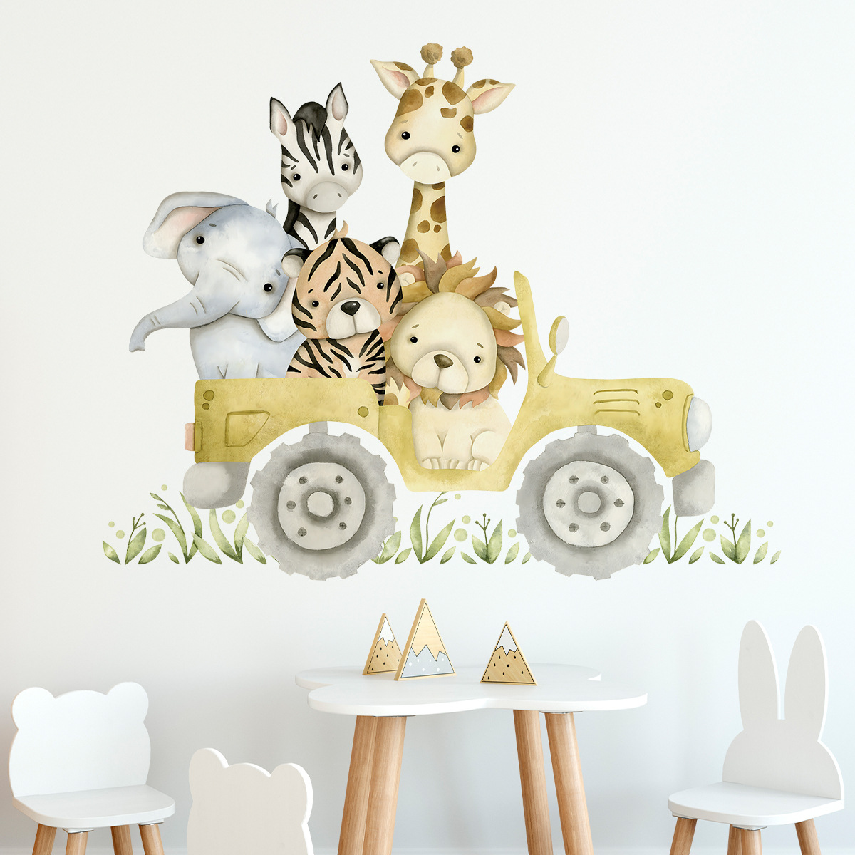 Cute Animals Drive Jeep Wall S - đánh giá và giá Baby Nursery Elephant