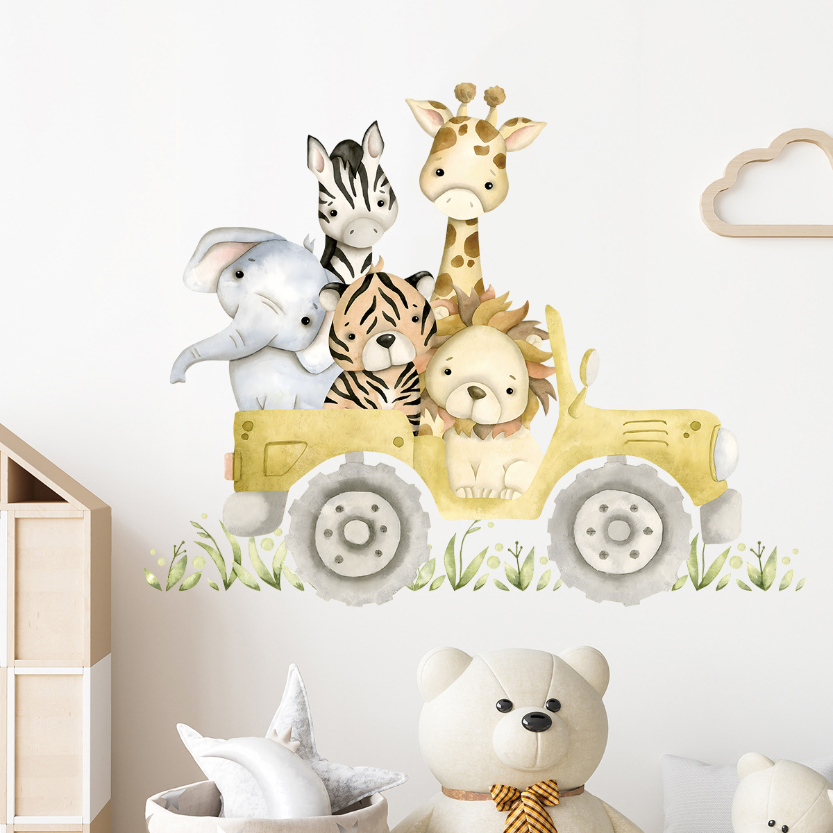 Cute Animals Drive Jeep Wall S - đánh giá và giá Baby Nursery Elephant
