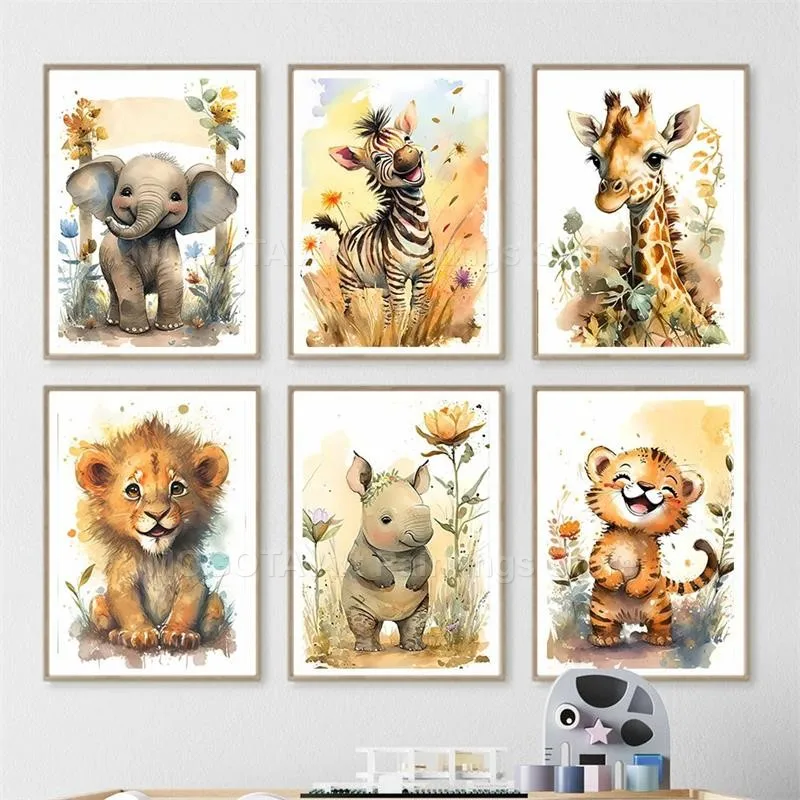 Watercolor Lion Giraffe Tiger  - đánh giá và giá Baby Nursery Elephant